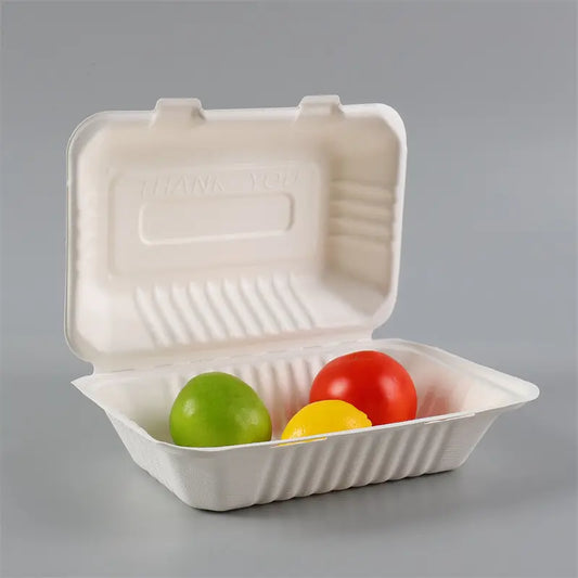 9x6x3 Bagasse Clamshell Food Container (50 Pcs)